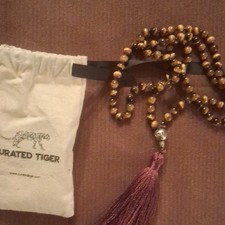 Tiger Buddhist Prayer Beads with Brown Tassel and Storage Pouch