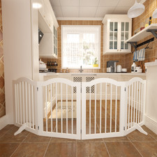 27.6" Tall Freestanding Pet Gate: 4 Panels Foldable Solid Wood, 2 Support Feet