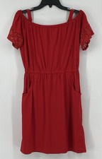Talbots Red Short Sleeve Boat Neck Sheath Dress Size Small Cold Shoulder Pockets