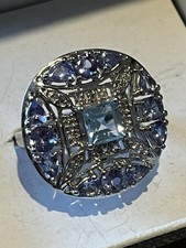 TGGC 925 Sterling Silver Art Deco Filigree Ring Aquamarine Topaz Tanzanite
