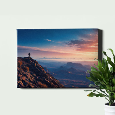 Hiker Silhouette Desert Ridge Gradient Sky Framed Canvas Print 24x16inch