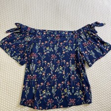 Women Off The Shoulder Blue Floral Short Sleeve Rayon Pullover Casual Summer Top