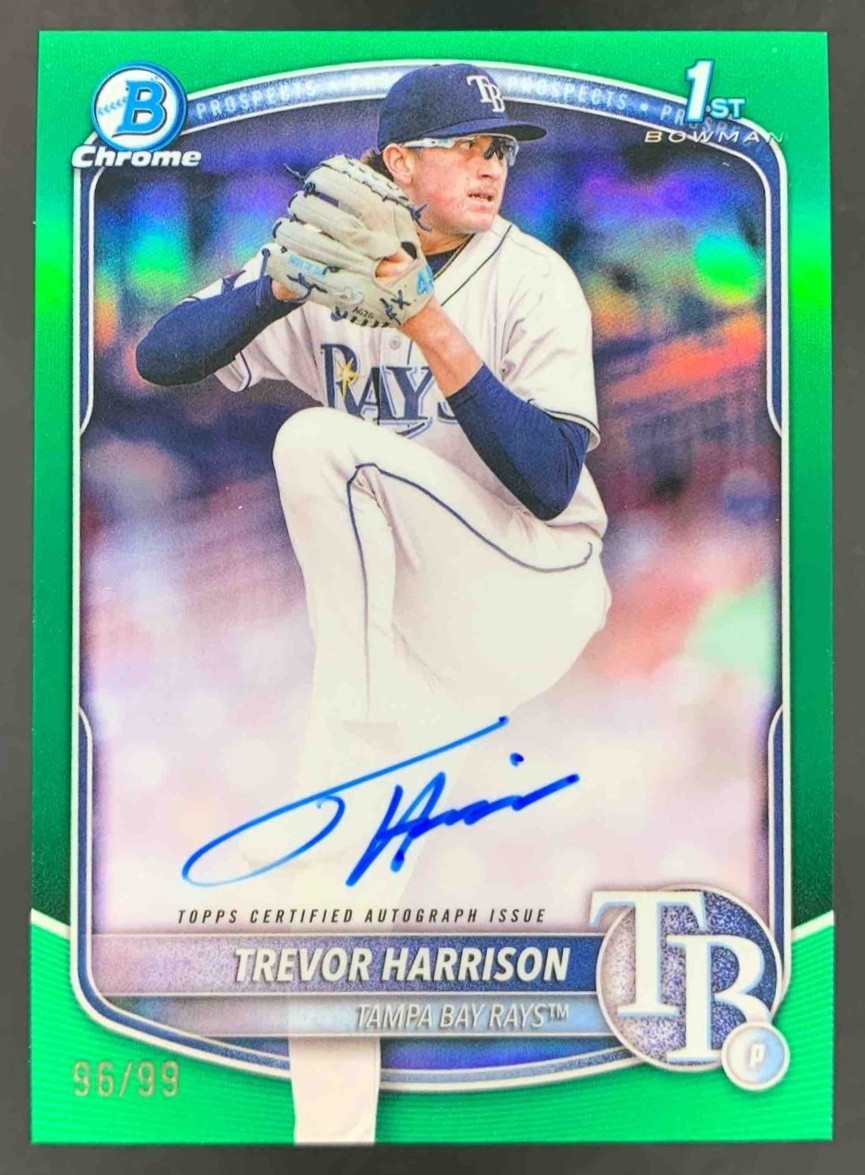 Trevor Harrison 2025 Bowman Chrome Auto Green Refractor 1st Prospect Rays /99
