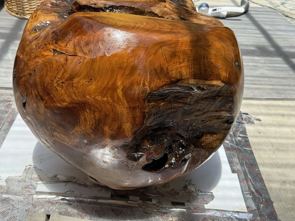 Teak Burl Epoxy Glass Top Side Table Handmade Floating Base Modern 22.5”H - Image 4 of 4