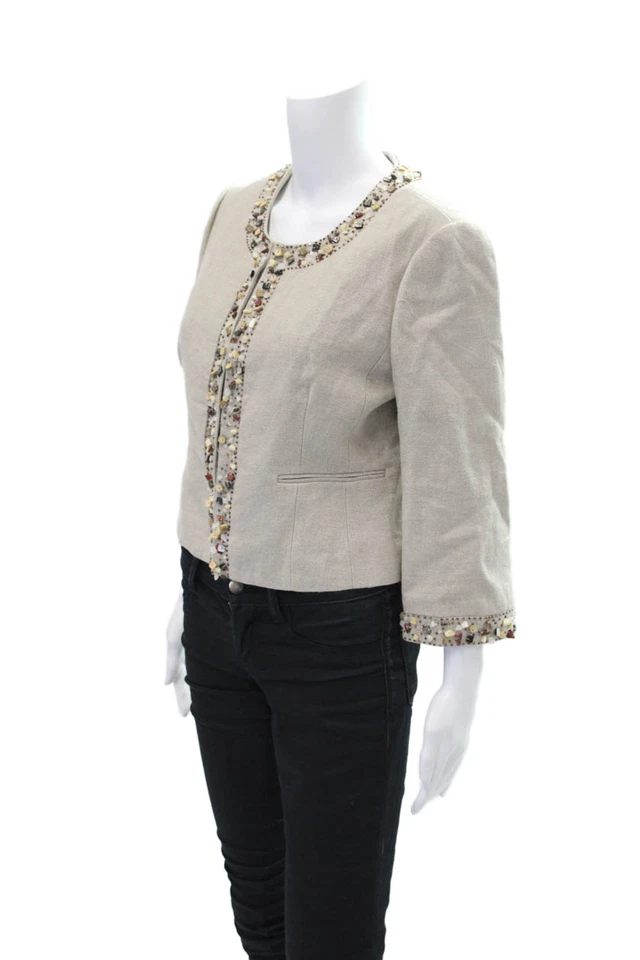 Blazer BCBGMAXAZRIA Feminino Linho Frisado Gola Redonda Forrado Manga Longa Marrom Tamanho M - Imagem 2 de 4