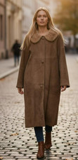 Brown Long Suede Leather Trench Style Coat Fur Collar SM Vtg. L. Strauss READ 