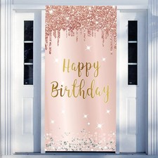 Pink Rose Gold Happy Birthday Door Banner Decorations, Happy Birthday Door Co...