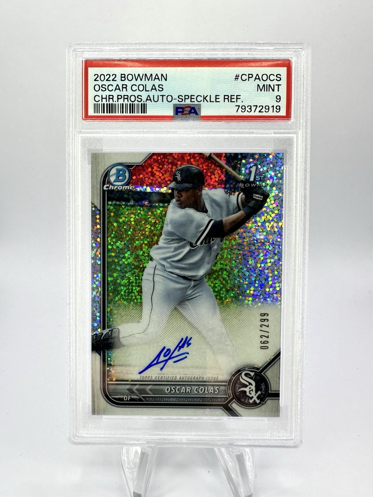 2022 Bowman Oscar Colas Chrome Auto 1st SPECKLE Refractor #/299 White Sox PSA 9