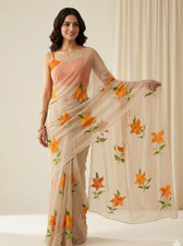 Label Mish Hand Painted Beige Chiffon Saree ,Indian wedding sari, designer sari