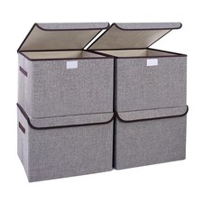 Large 22 Quart Linen Fabric Foldable Storage Bin Cube Organizer Basket with F...