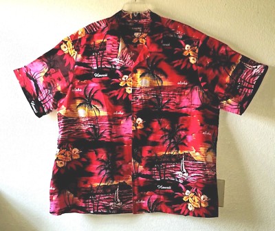 Fabulous Men's Hawaiian  ALOHA MO'I Size 4XL Red Sunset Print Shirt With Pocket 