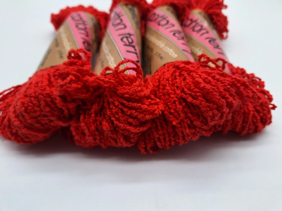 4 madejas de algodón Caron Terry 5017 rojo Firebird 85 % algodón 15 % rayón Foto 4 de 4