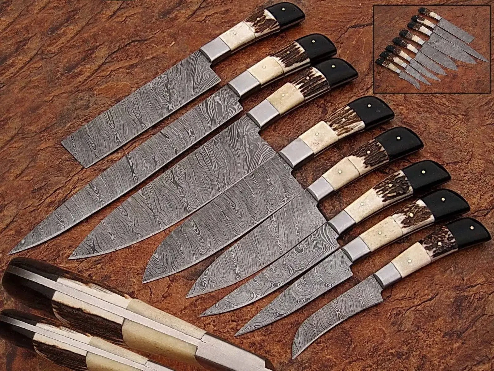 UBR CUSTOM HANDMADE DAMASCUS STEEL PROFESSIONAL KITCHEN CHEF KNIFE SET WITH STAG