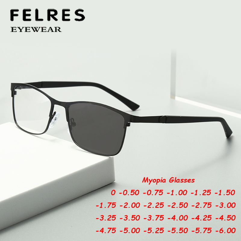 Unisex Mini Retro Photochromic Myopia Glasses – Negative Diopters -1.0 To -6.0 – Metal Frame, Rectangular