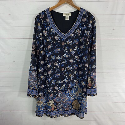 Flying Tomato Womens Long Bell Sleeve Mini Dress Sz S Blue Floral Lined V-Neck