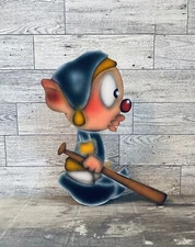 Vtg Primitive Wooden Clown Man w/ Sleep Hat & Club House Protection Shelf Sitter