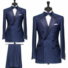 Navy Blue Double Breasted Men Suit Peak Lapel Prom Groom Tuxedos Wedding Suit