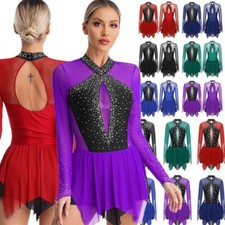 Womens Dancewear Rhinestones Leotard Dancing Dance Dress Sparkling Skirted Mesh