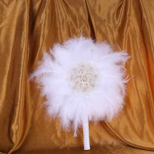 Plush Faux Feather Fur Wedding Bridal Hand Fan Crystal 3D Flower Prop Hand Fan - Picture 4 of 9