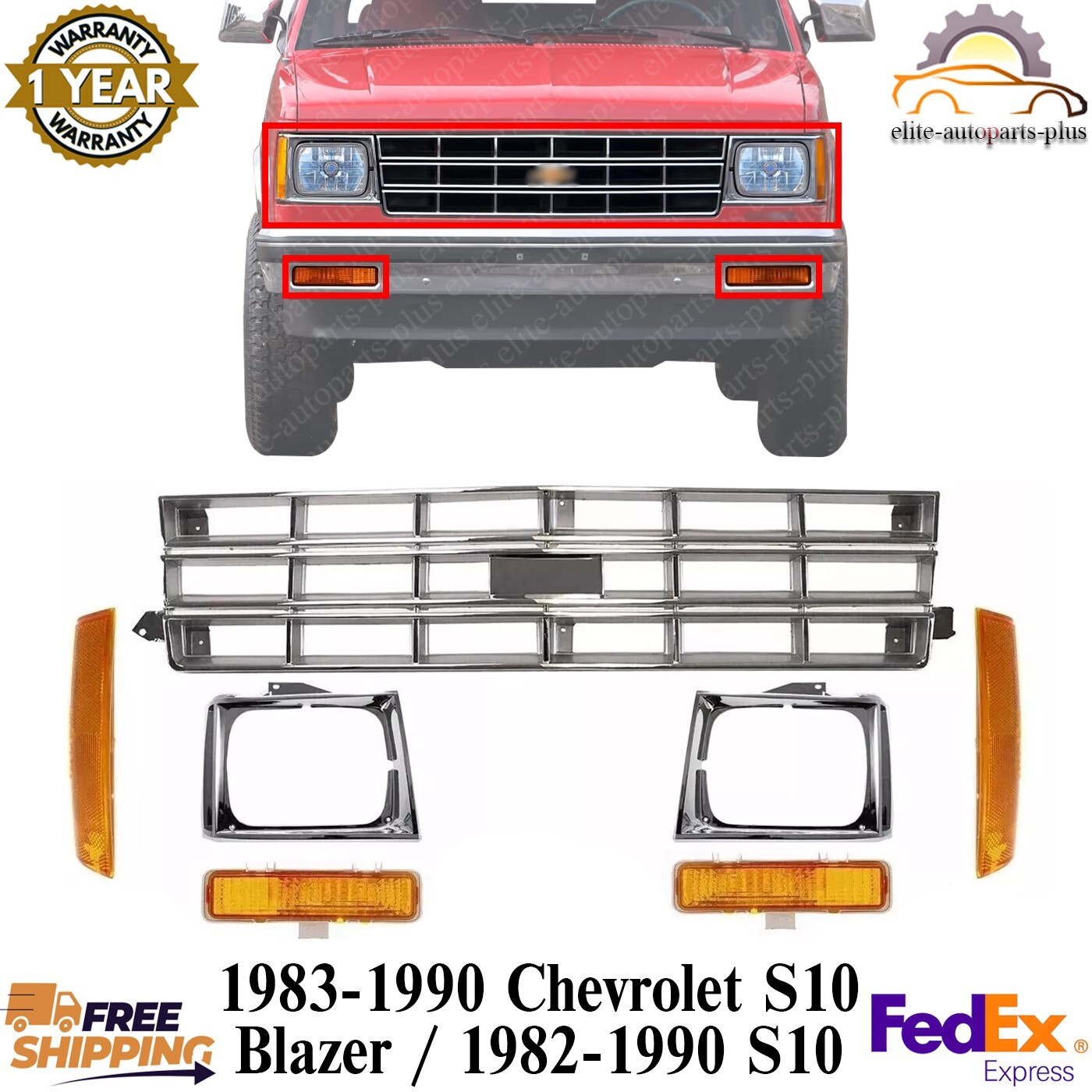 Front Bumper Grille + Headlight Bezels +Signal & Corner Lights For 1982-1990 S10