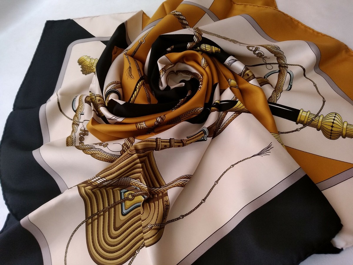 HERMES Scarf Carre 90 Clic-Clac Silk 100% Black, ocher, etc HERMES Scarf Carre 90 Clic-Clac Silk 100% Black, ocher, etc