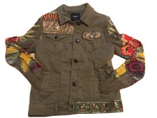 Desigual Khaki Denim Jean Jacket Floral Knit Sequin Trim Embroidered Sz 36/s