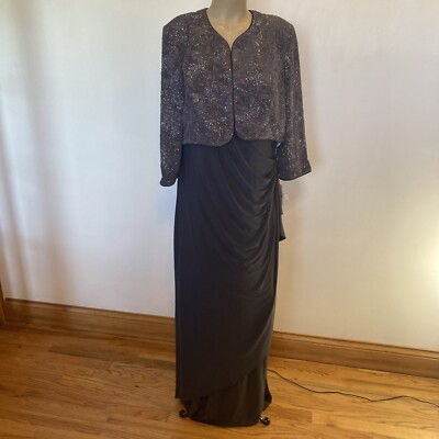 Alex Evenings Glitter Jacquard Knit & Matte Jersey Gown with Bolero Jacket Smoke / 18