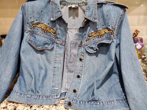 Vintage Monique Fashions Blue Jean Denim Jacket Jaguar Embellished Size 8 RARE