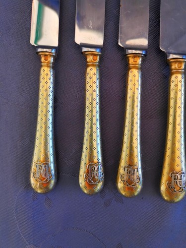 argent massif et vermeil rare 11 couteaux à dessert poinçon minerve XIX - Foto 5 di 15