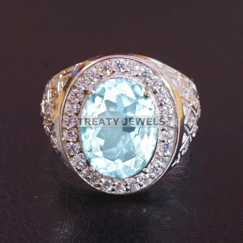 Aquamarine Oval Cut Gemstone With 14K Solid White Gold Ring For Men's #A727
