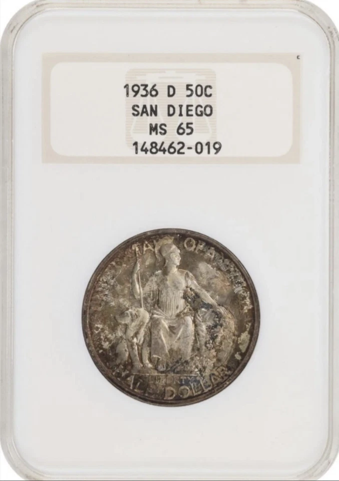 Medio dólar conmemorativo de San Diego 1936-D - soporte antiguo MS65 - hermoso tono Foto 4 de 4