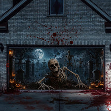 7 X 16 Ft Halloween Garage Door Banner Large Scary Skeleton Graveyard Pumpkin Ha