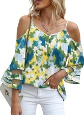 ouica Women's Cold Shoulder Tops Mesh Panel 3/4 Bell Sleeve V Neck Summer~ 2 XL