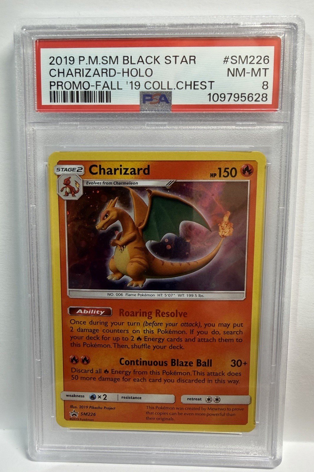 2019 P.M.SM Black Star Charizard Holo Promo Fall 19 Coll Chest SM226 Grade PSA 8
