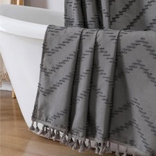 Boho Shower Curtain, Grey Fabric Cloth Shower Curtains Farmhouse Tufted Chevr...