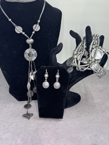 Lia Sophia Necklace Earrings Bracelet Silver Tone Signed Set