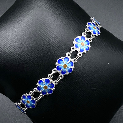 Vintage Sterling Silver Blue Enamel Forget-Me-Not Panel Link Bracelet 7.5''
