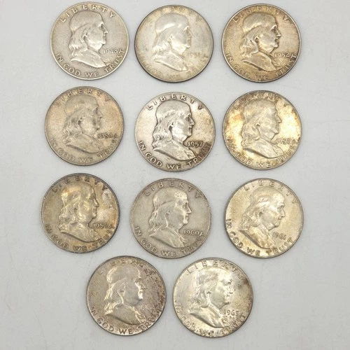 Lot 11 Franklin Half Dollars 1948-1963 90% Silver AU/BU/XF Proof-Like Toning