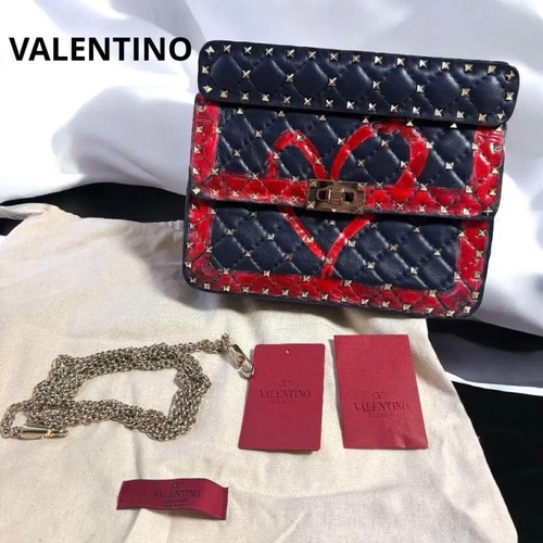 VALENTINO GARAVANI Women Rockstud Shoulder Bag Black Red Leather Heart pattern