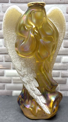 Fenton Satin Autumn Golden Iridescent Angel Figurine With Coralene Wings, 7.25"