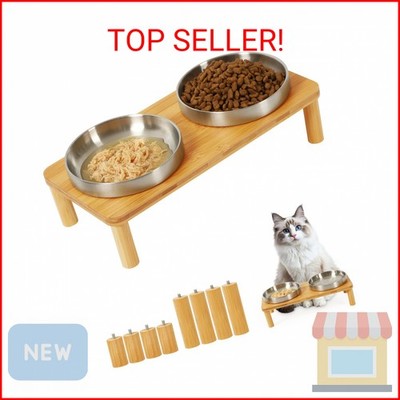 DoogCat Elevated Cat Bowls for Indoor Cats   Raised Bamboo Cat Food Table with 2