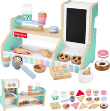 Wooden Coffee Shop Playset with 20 Food Pieces for Ages 3