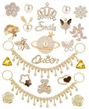 24Pcs Bling Shoe Charms Designer Decoration Rhinestone Chain Pearl Gems Gold