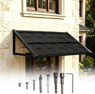 Fixed Metal Awning 53'' x 32'', Steel Frame Door Canopy with Drainage System Black