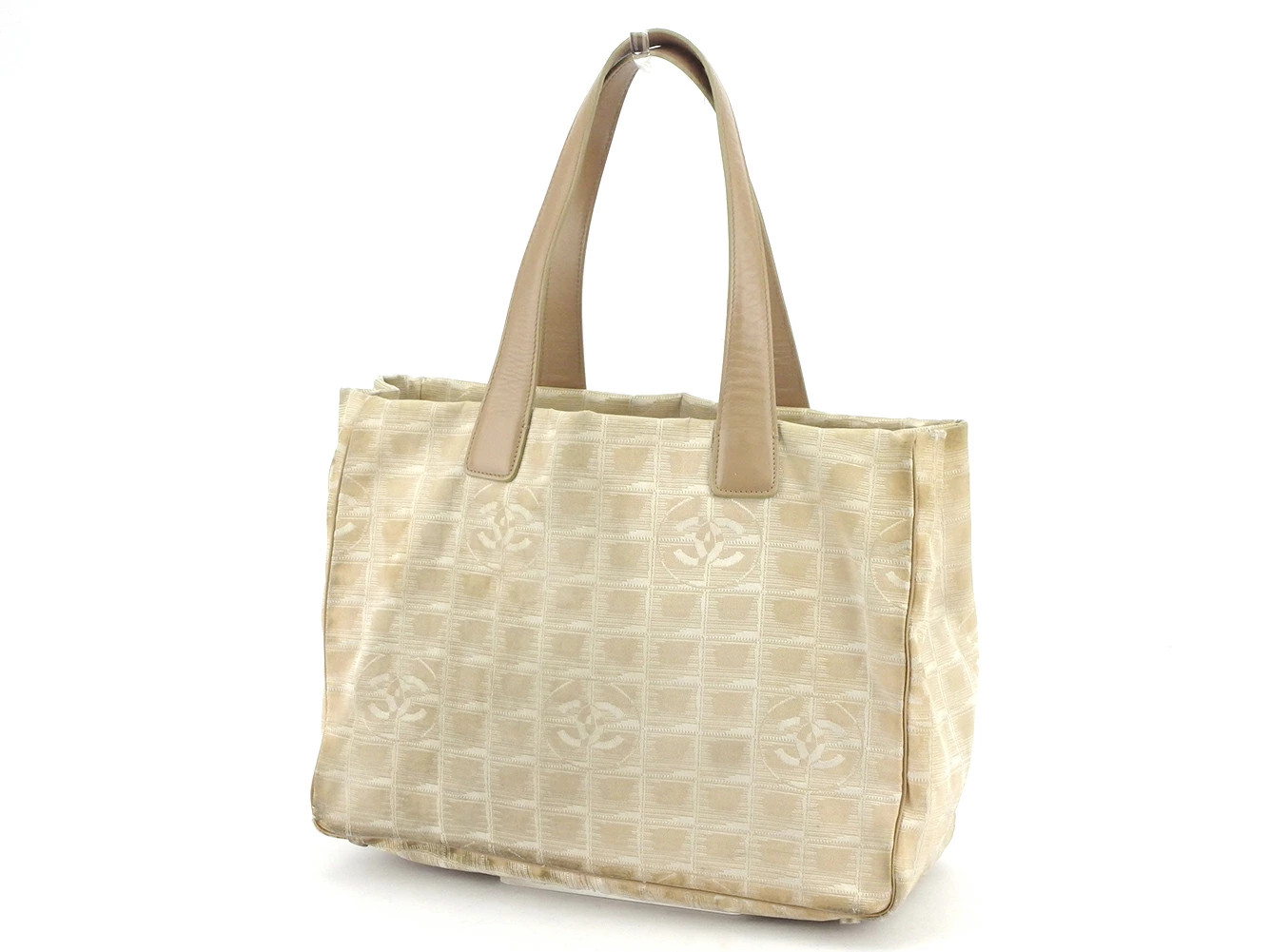 CHANEL Beige Silver Nylon Travel Tote MM Shoulder Bag