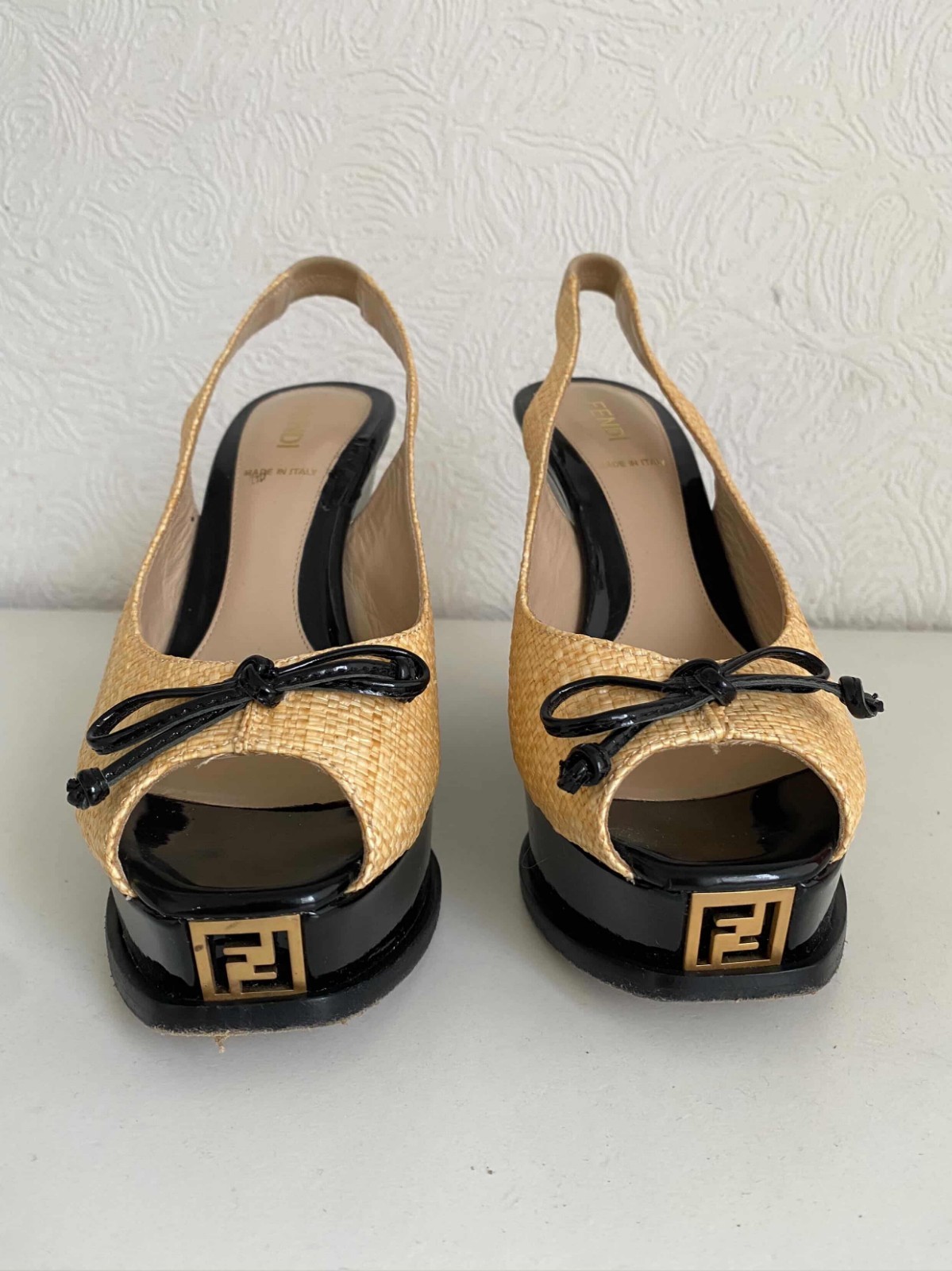 Fendi Beige Woven Raffia Fendista Bow Platform Slingback Sandals Size 38 1/2