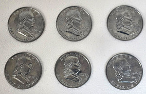 6-Six 1963 Benjamin Franklin over-sized 3" metal novelty coasters