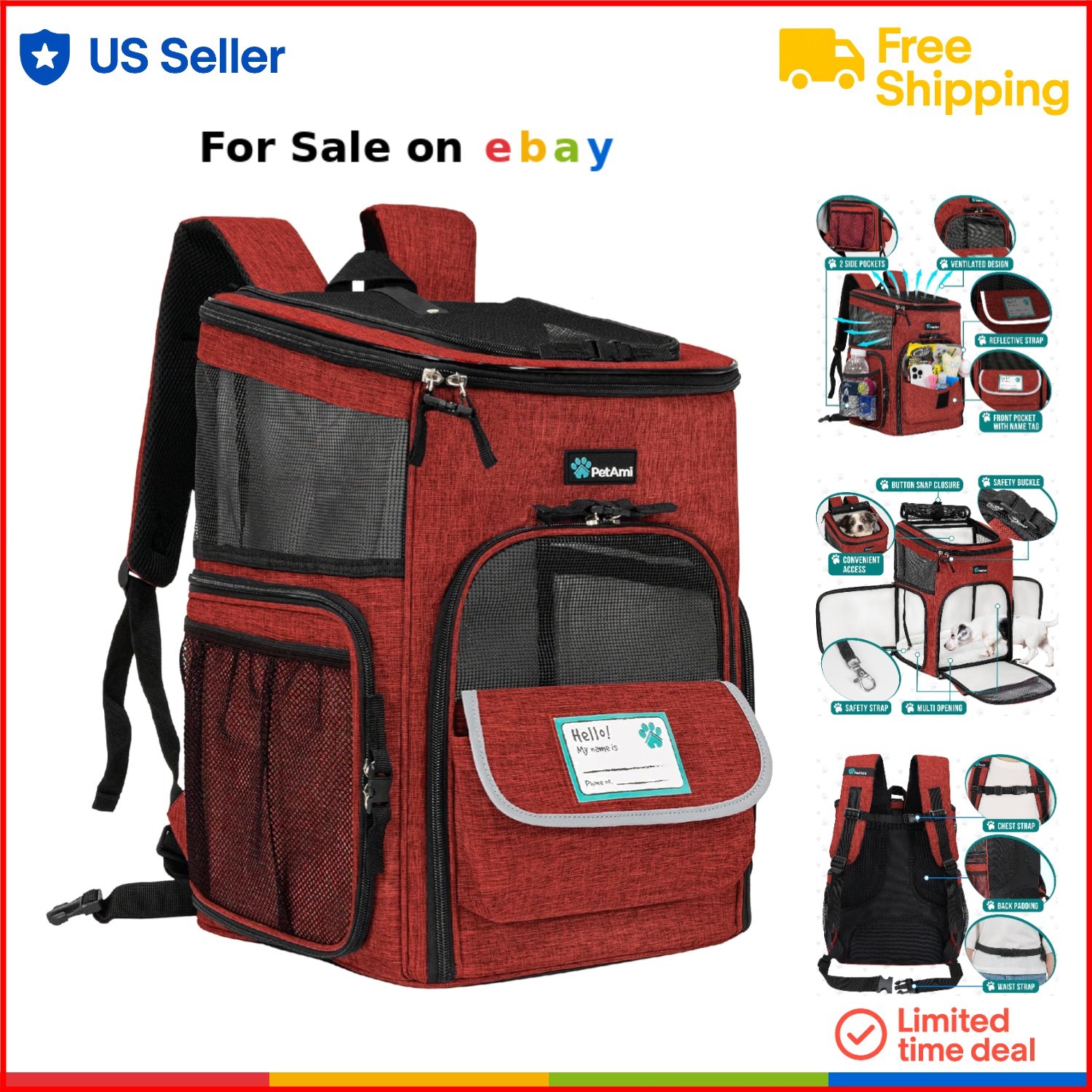 Ventilated Polyester Dog Cat Backpack Carrier for Travel Hiking Camping