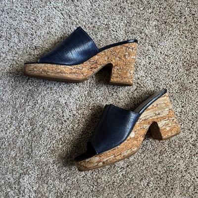 Vintage Delman Mules Womens 8 Navy Croc Stretch Genuine Cork Platforms Heels