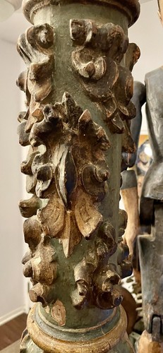 ANTIQUE PAIR OF ANCIENT BAROQUE COLUMNS CARVED AND POLYCHROMED WOOD, SPAIN 18TH - Picture 2 of 24